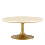 Lumen 36" Round Faux Travertine Coffee Table in Gold Travertine