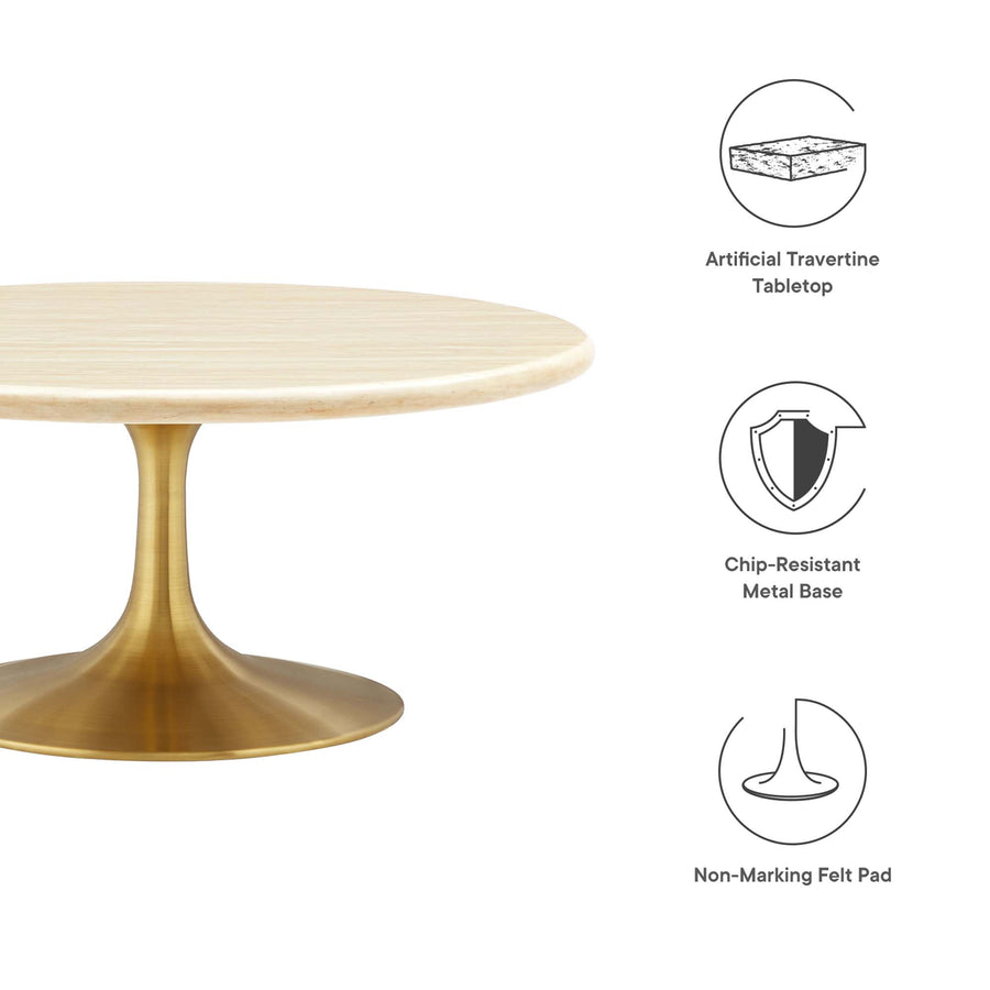 Lumen 36" Round Faux Travertine Coffee Table in Gold Travertine