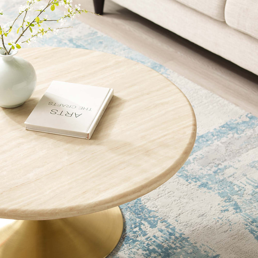Lumen 36" Round Faux Travertine Coffee Table in Gold Travertine