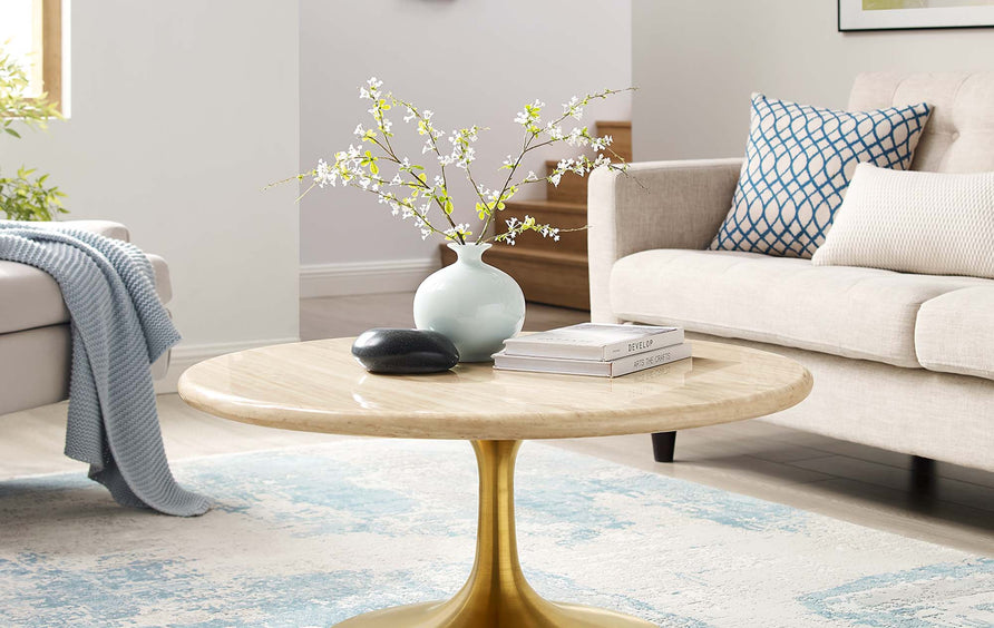 Lumen 36" Round Faux Travertine Coffee Table in Gold Travertine