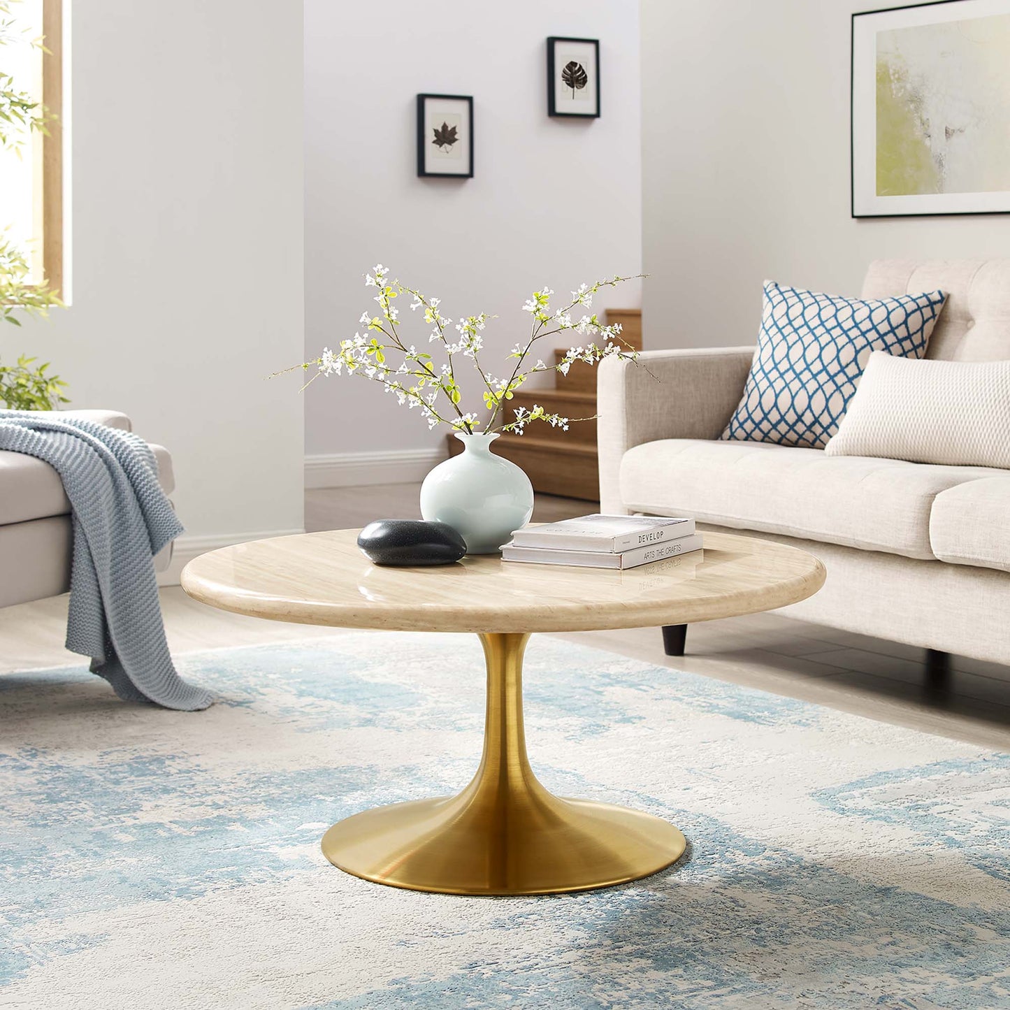 Lippa 36" Round Faux Travertine Coffee Table by Furniture For America