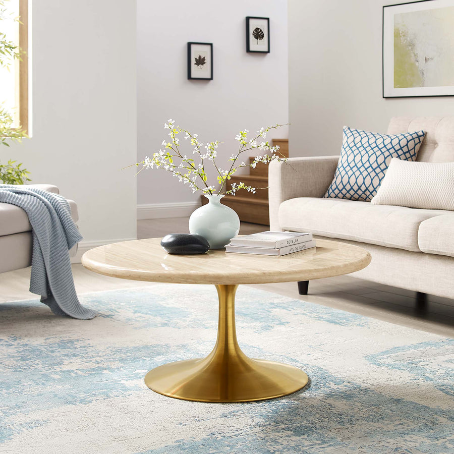 Lumen 36" Round Faux Travertine Coffee Table in Gold Travertine