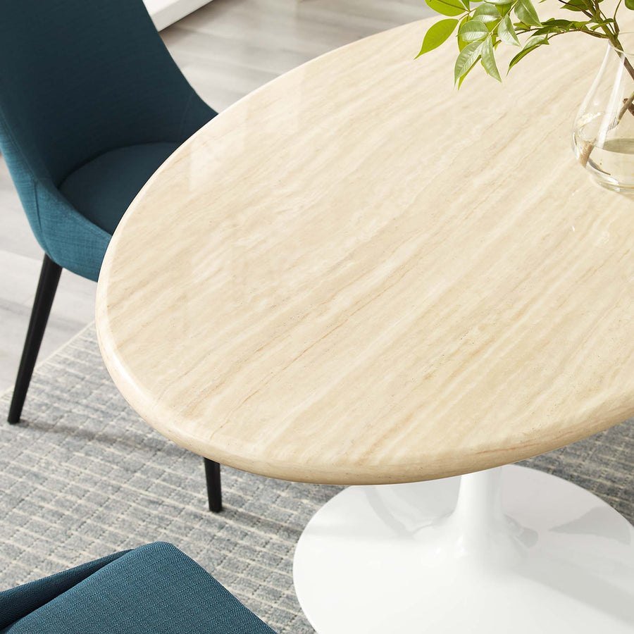 Lumen 60" Oval Faux Travertine Dining Table in White Traventine