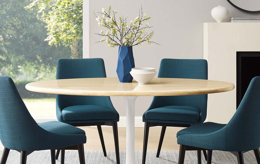 Lumen 60" Oval Faux Travertine Dining Table in White Traventine
