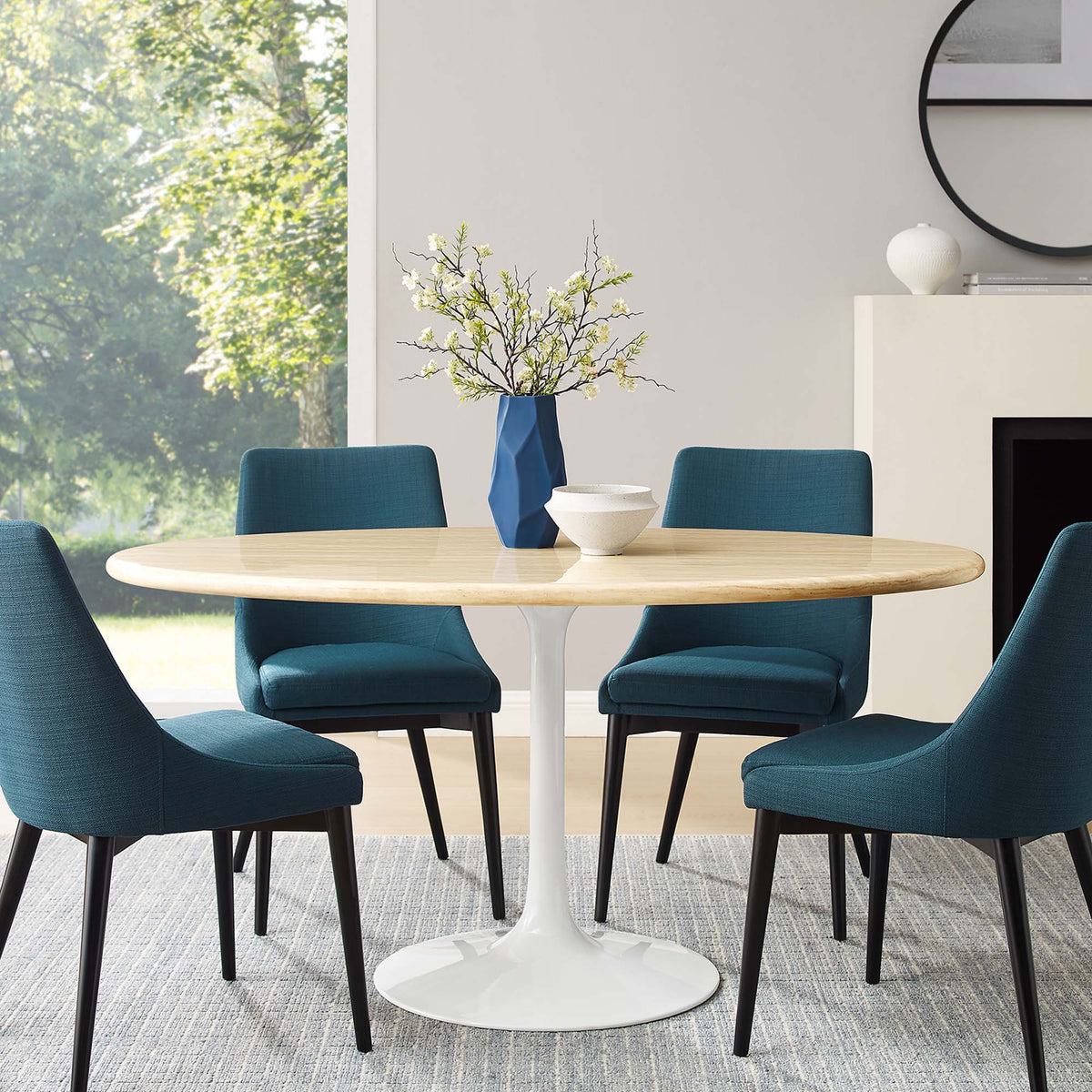 Lippa 60" Oval Faux Travertine Dining Table in White Traventine