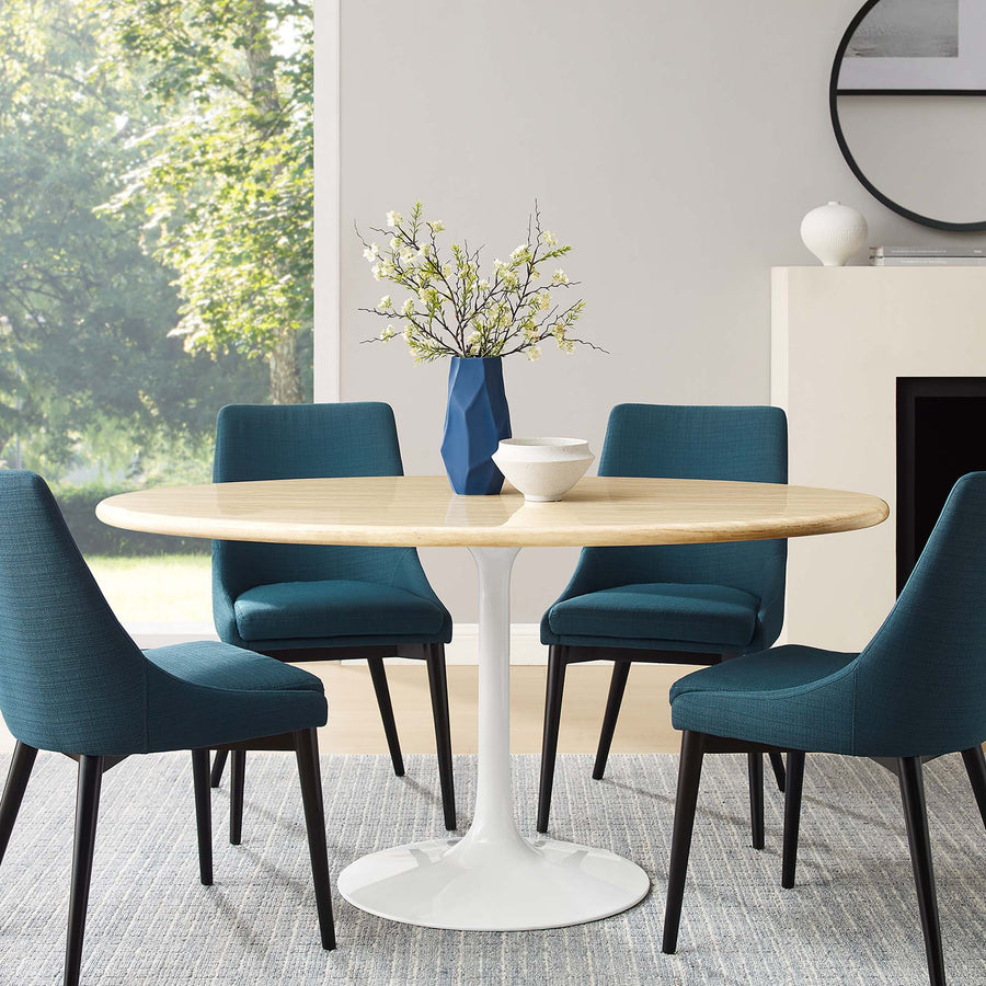 Lumen 60" Oval Faux Travertine Dining Table in White Traventine