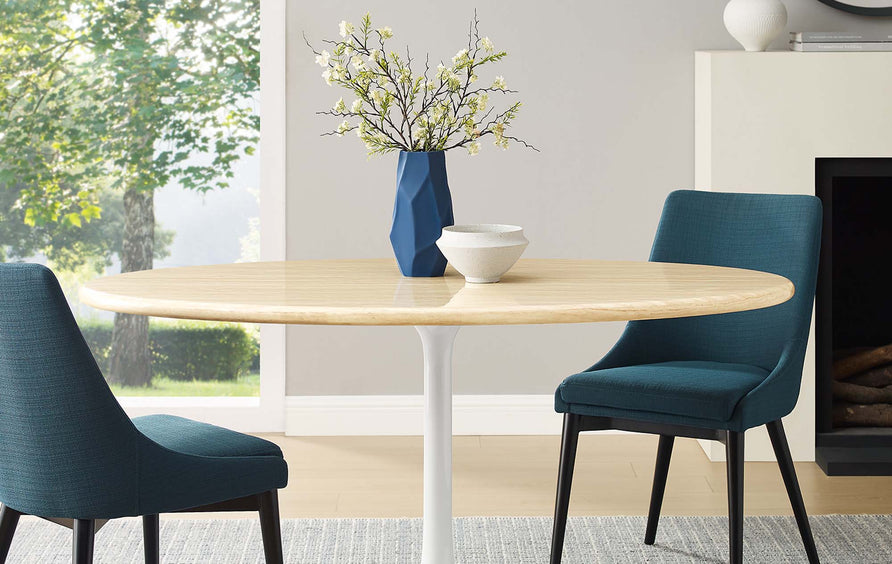 Lumen 60" Oval Faux Travertine Dining Table in White Traventine