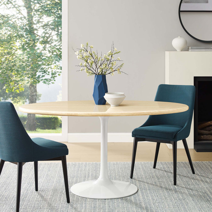 Lumen 60" Oval Faux Travertine Dining Table in White Traventine
