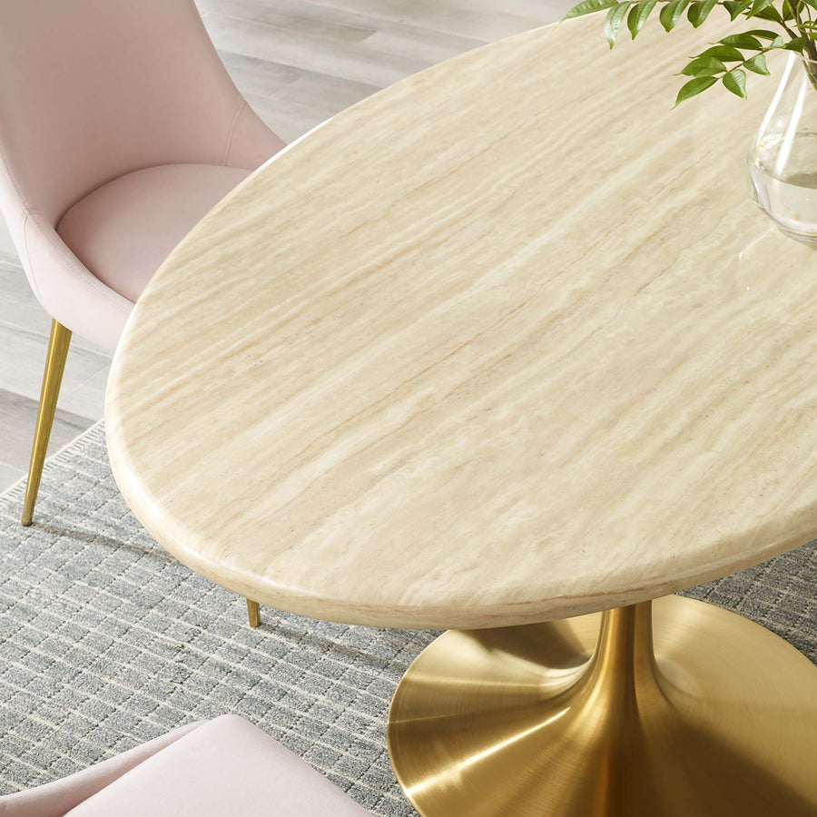 Lumen 60" Oval Faux Travertine Dining Table in Gold Travertine