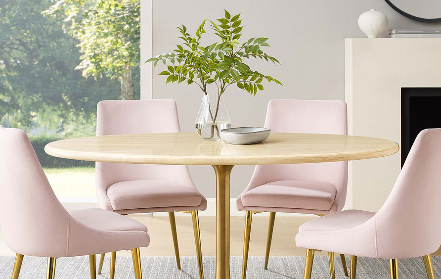Lumen 60" Oval Faux Travertine Dining Table in Gold Travertine