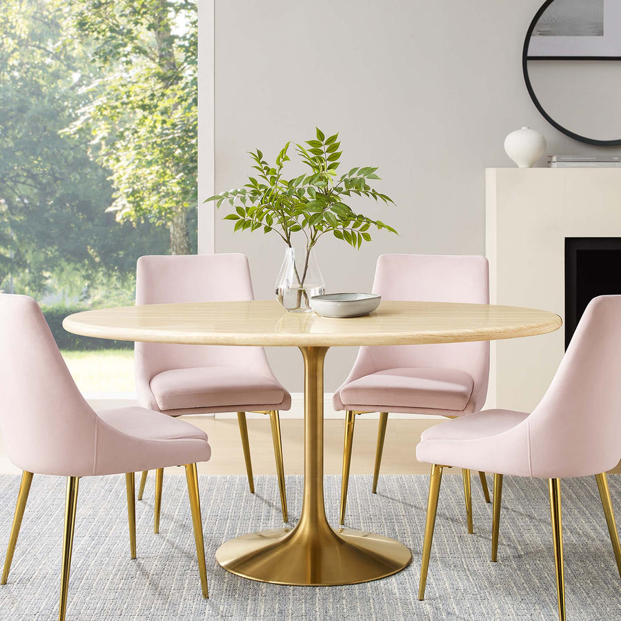Lumen 60" Oval Faux Travertine Dining Table in Gold Travertine