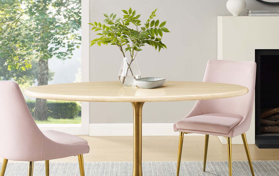 Lumen 60" Oval Faux Travertine Dining Table in Gold Travertine