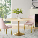 Lumen 60" Oval Faux Travertine Dining Table in Gold Travertine