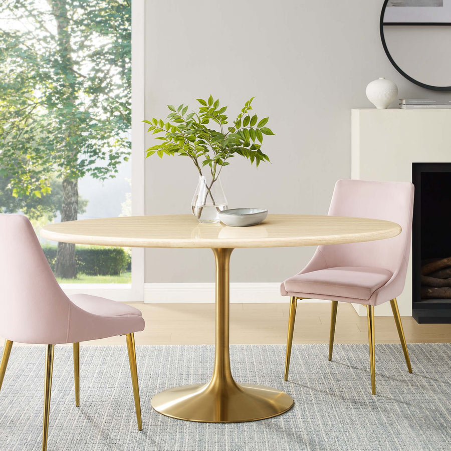 Lumen 60" Oval Faux Travertine Dining Table in Gold Travertine
