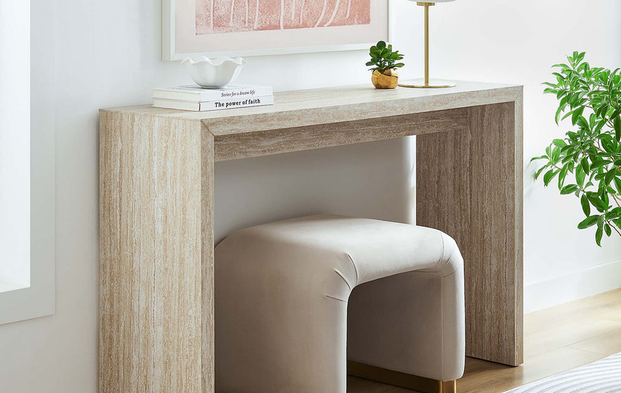 Damask Faux Travertine Console Table in Travertine