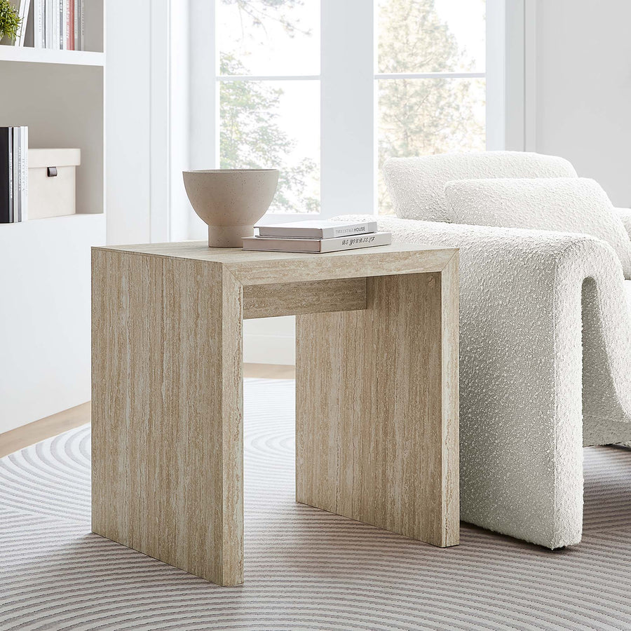 Damask Faux Travertine Side Table in Travertine