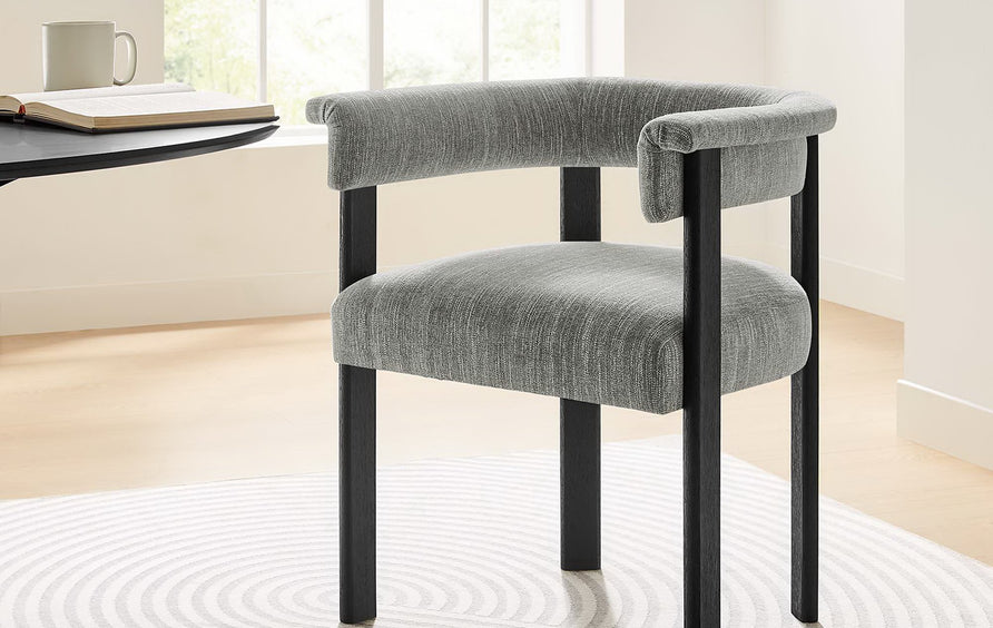 Tate Fabric Upholstered Barrel Dining Chairs Set of 2 in Heathered Weave Gray Black
