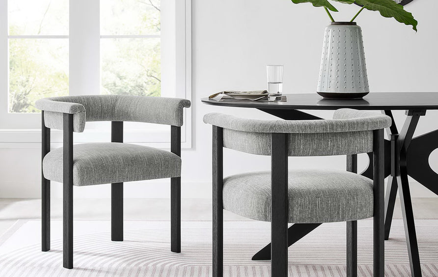 Tate Fabric Upholstered Barrel Dining Chairs Set of 2 in Heathered Weave Gray Black