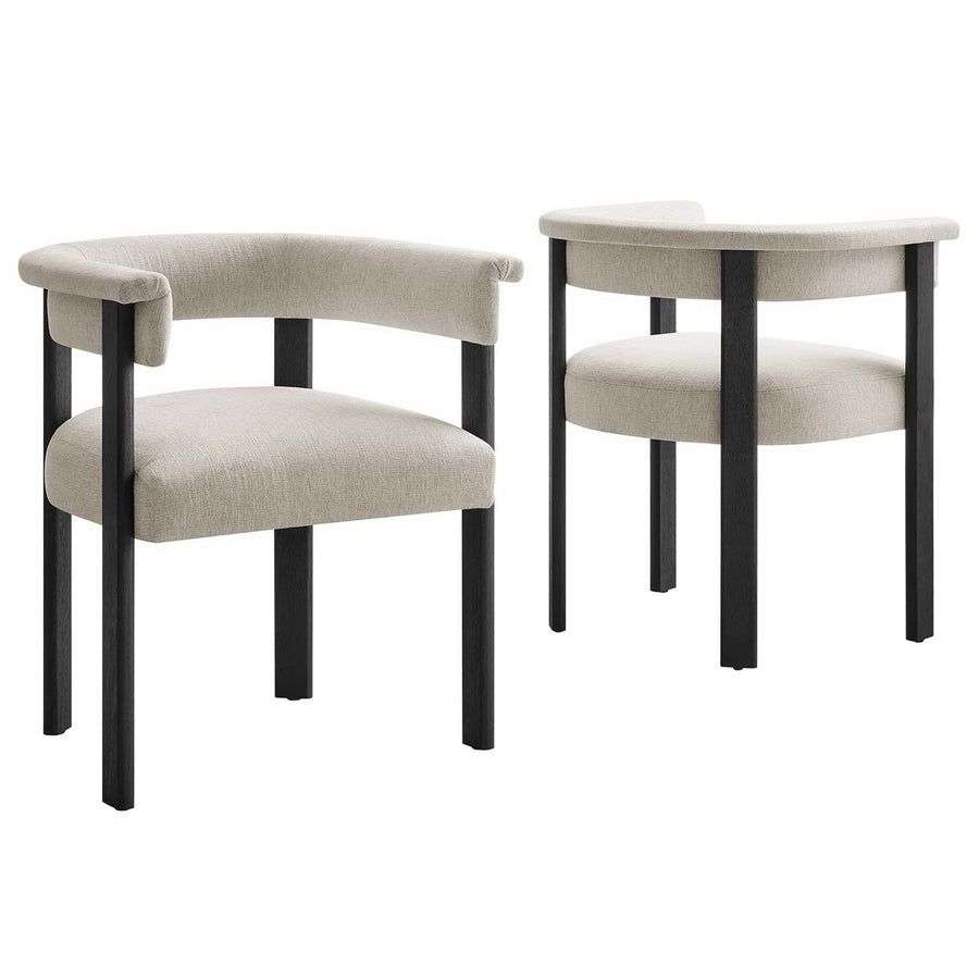 Tate Fabric Upholstered Barrel Dining Chairs Set of 2 in Heathered Weave Ivory Black