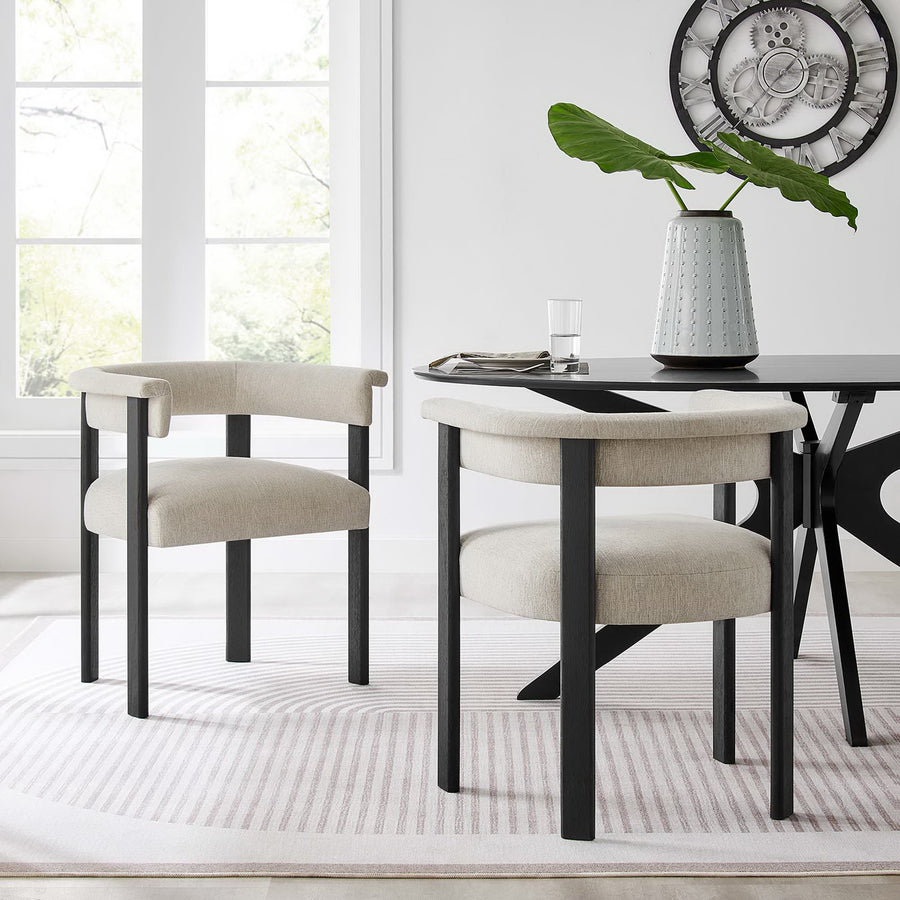 Tate Fabric Upholstered Barrel Dining Chairs Set of 2 in Heathered Weave Ivory Black