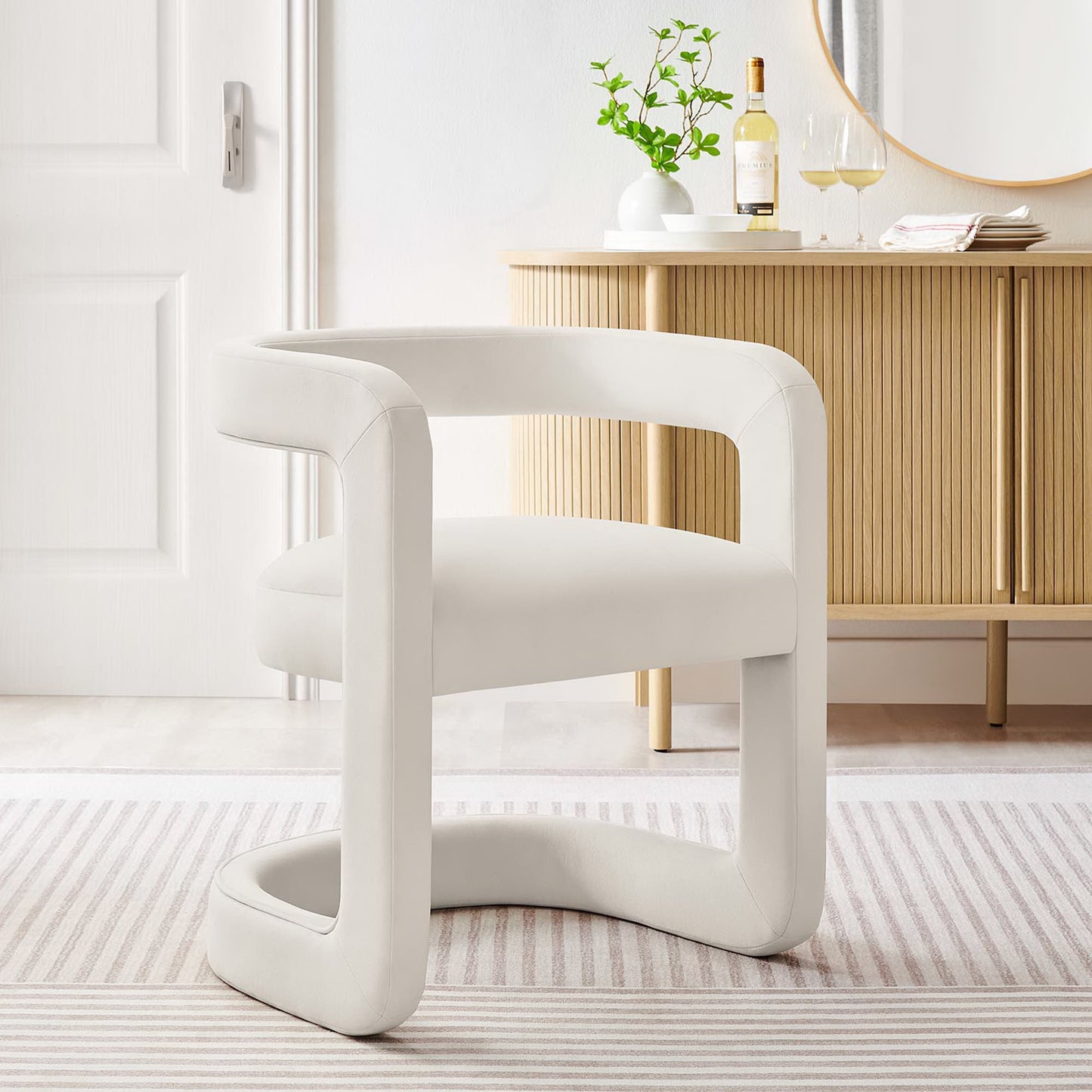 Sepia Barrel Performance Velvet Dining Chair in Alabaster