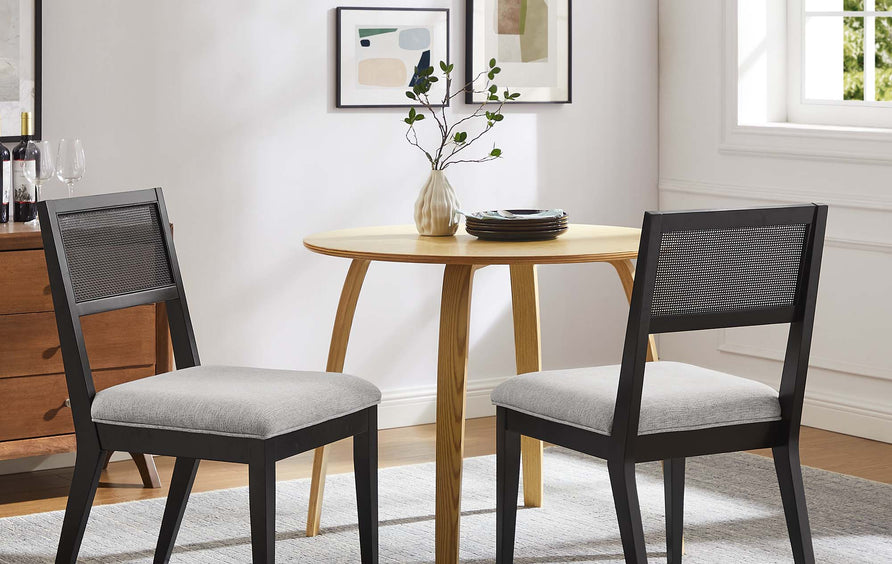 Bergen Faux Rattan Fabric Dining Chairs Set of 2 in Heathered Weave Light Gray