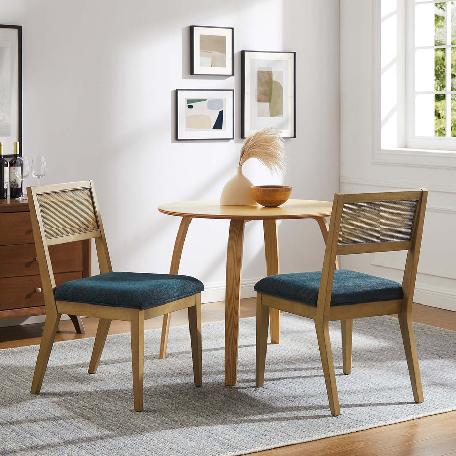 Bergen Faux Rattan Fabric Dining Chairs Set of 2 in Heathered Weave Azure