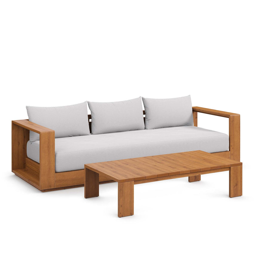 Aspen 2-Piece Outdoor Patio Acacia Wood Sofa and Coffee Table Set in Natural Light Gray