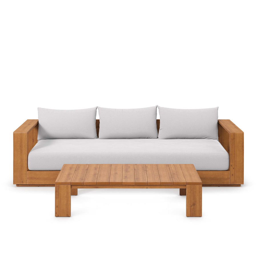Aspen 2-Piece Outdoor Patio Acacia Wood Sofa and Coffee Table Set in Natural Light Gray