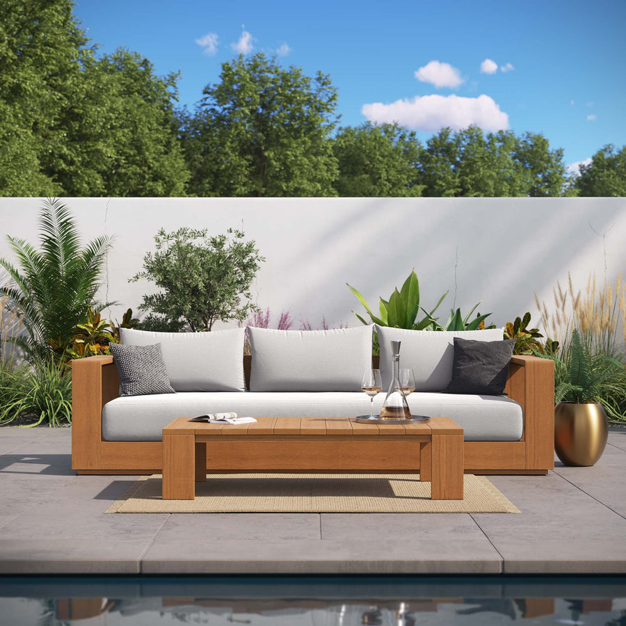 Aspen 2-Piece Outdoor Patio Acacia Wood Sofa and Coffee Table Set in Natural Light Gray