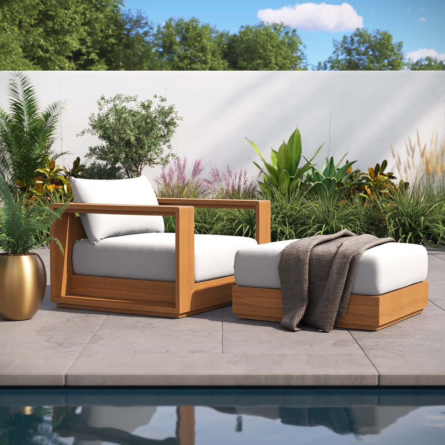 Aspen 2-Piece Outdoor Patio Acacia Wood Armchair and Ottoman Set in Natural Light Gray