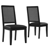 Poniente Vegan Leather Upholstered Faux Rattan and Wood Dining Side Chairs Set of 2 in Black Black