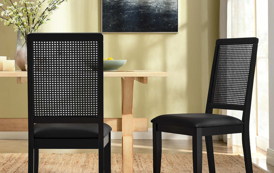 Poniente Vegan Leather Upholstered Faux Rattan and Wood Dining Side Chairs Set of 2 in Black Black