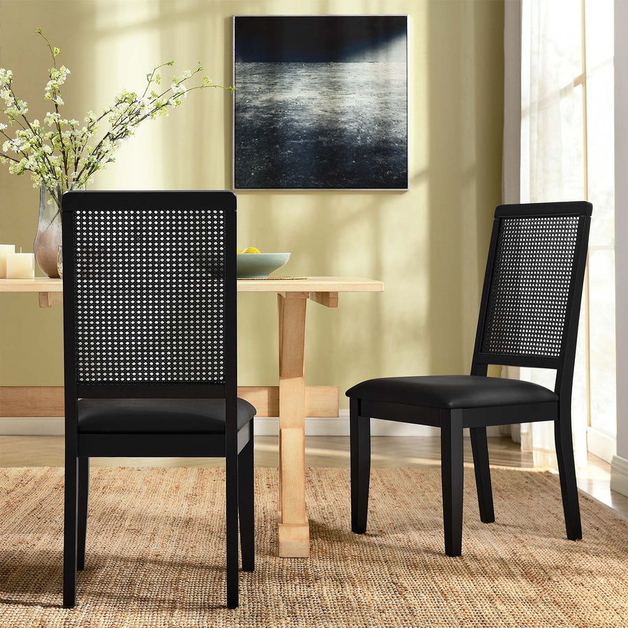 Poniente Vegan Leather Upholstered Faux Rattan and Wood Dining Side Chairs Set of 2 in Black Black