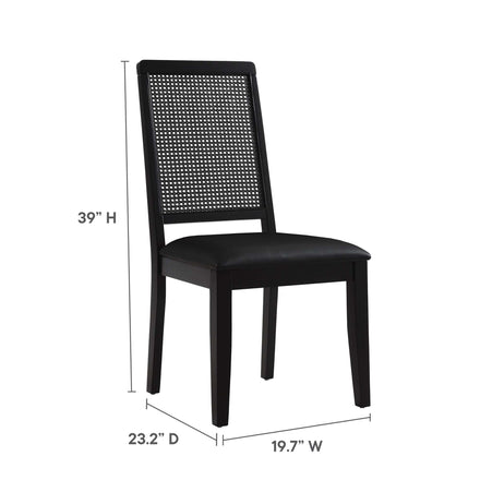 Arlo Vegan Leather Upholstered Faux Rattan and Wood Dining Side Chairs Set of 2 in Black Black