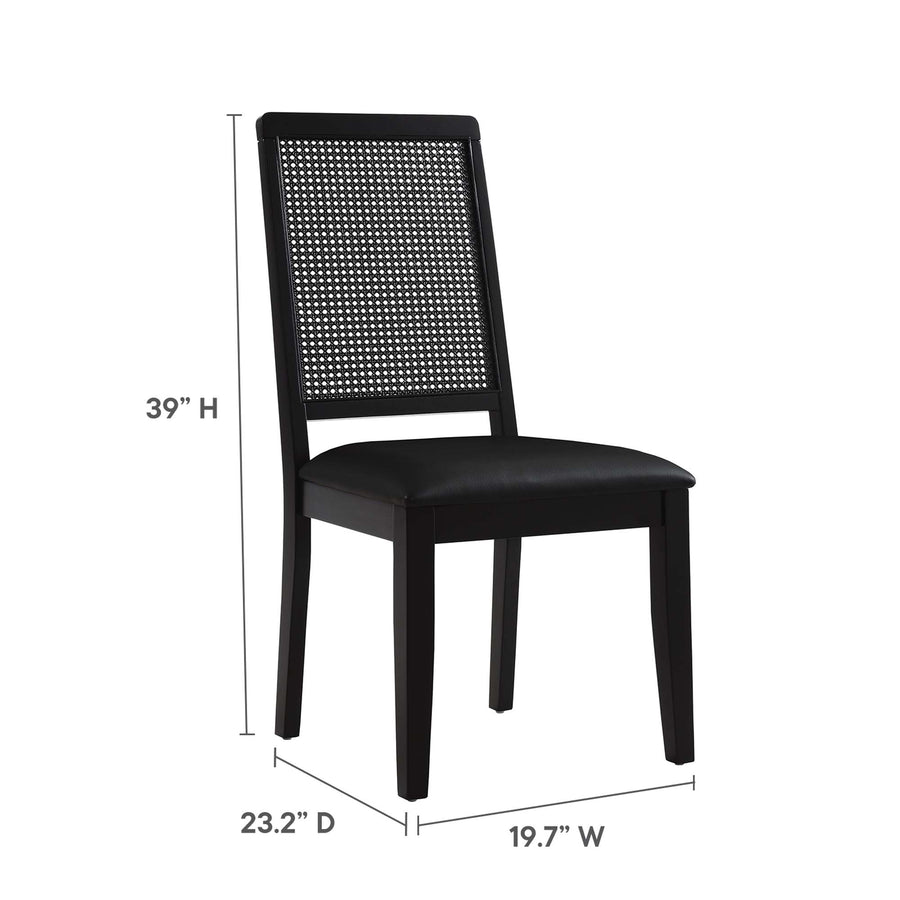 Poniente Vegan Leather Upholstered Faux Rattan and Wood Dining Side Chairs Set of 2 in Black Black