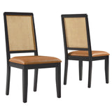 Poniente Vegan Leather Upholstered Faux Rattan and Wood Dining Side Chairs Set of 2 in Black Natural Tan