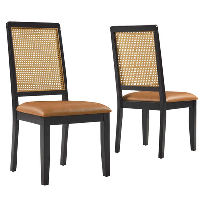 Arlo Vegan Leather Upholstered Faux Rattan and Wood Dining Side Chairs Set of 2 by Furniture For America