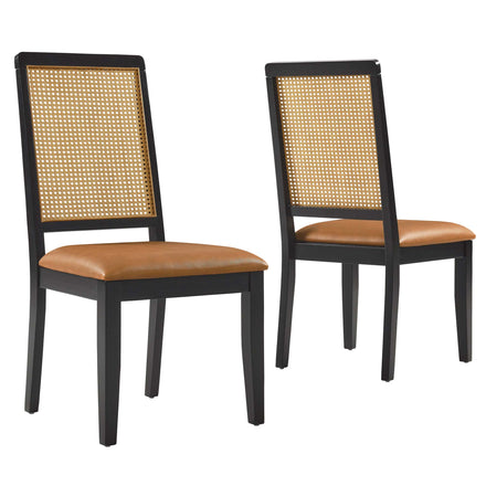 Arlo Vegan Leather Upholstered Faux Rattan and Wood Dining Side Chairs Set of 2 in Black Natural Tan