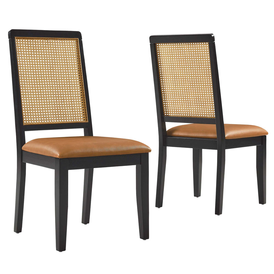 Poniente Vegan Leather Upholstered Faux Rattan and Wood Dining Side Chairs Set of 2 in Black Natural Tan