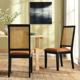Poniente Vegan Leather Upholstered Faux Rattan and Wood Dining Side Chairs Set of 2 in Black Natural Tan