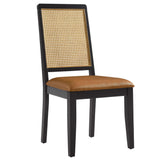 Poniente Vegan Leather Upholstered Faux Rattan and Wood Dining Side Chairs Set of 2 in Black Natural Tan