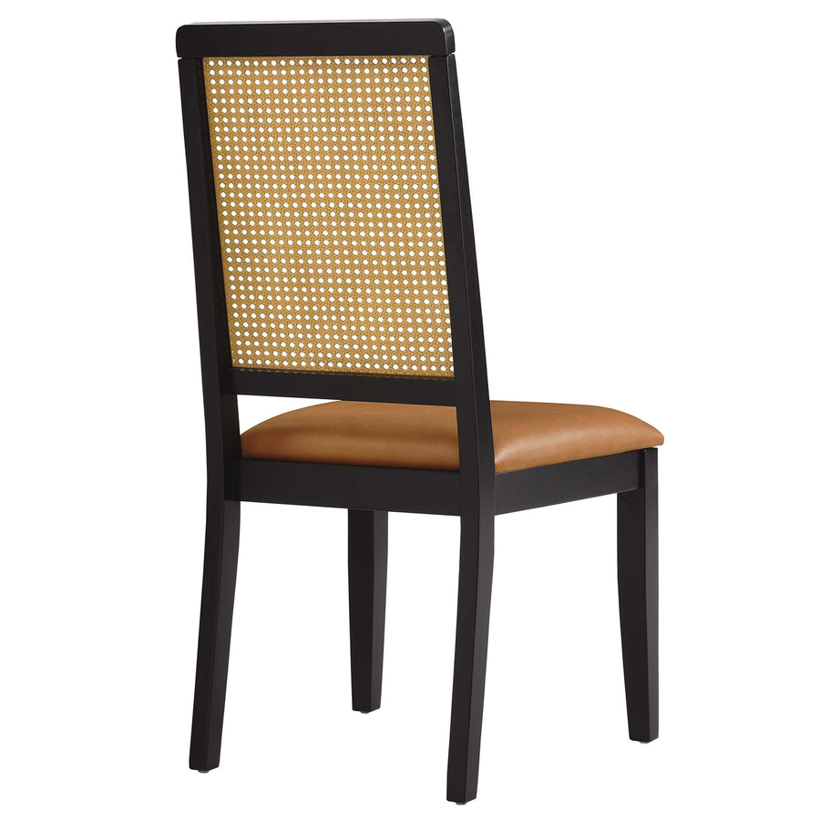 Poniente Vegan Leather Upholstered Faux Rattan and Wood Dining Side Chairs Set of 2 in Black Natural Tan