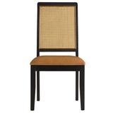 Poniente Vegan Leather Upholstered Faux Rattan and Wood Dining Side Chairs Set of 2 in Black Natural Tan