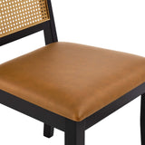 Poniente Vegan Leather Upholstered Faux Rattan and Wood Dining Side Chairs Set of 2 in Black Natural Tan