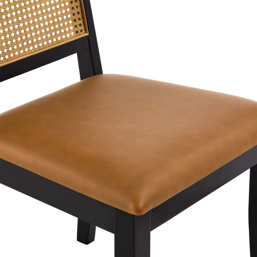 Poniente Vegan Leather Upholstered Faux Rattan and Wood Dining Side Chairs Set of 2 in Black Natural Tan