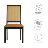 Poniente Vegan Leather Upholstered Faux Rattan and Wood Dining Side Chairs Set of 2 in Black Natural Tan