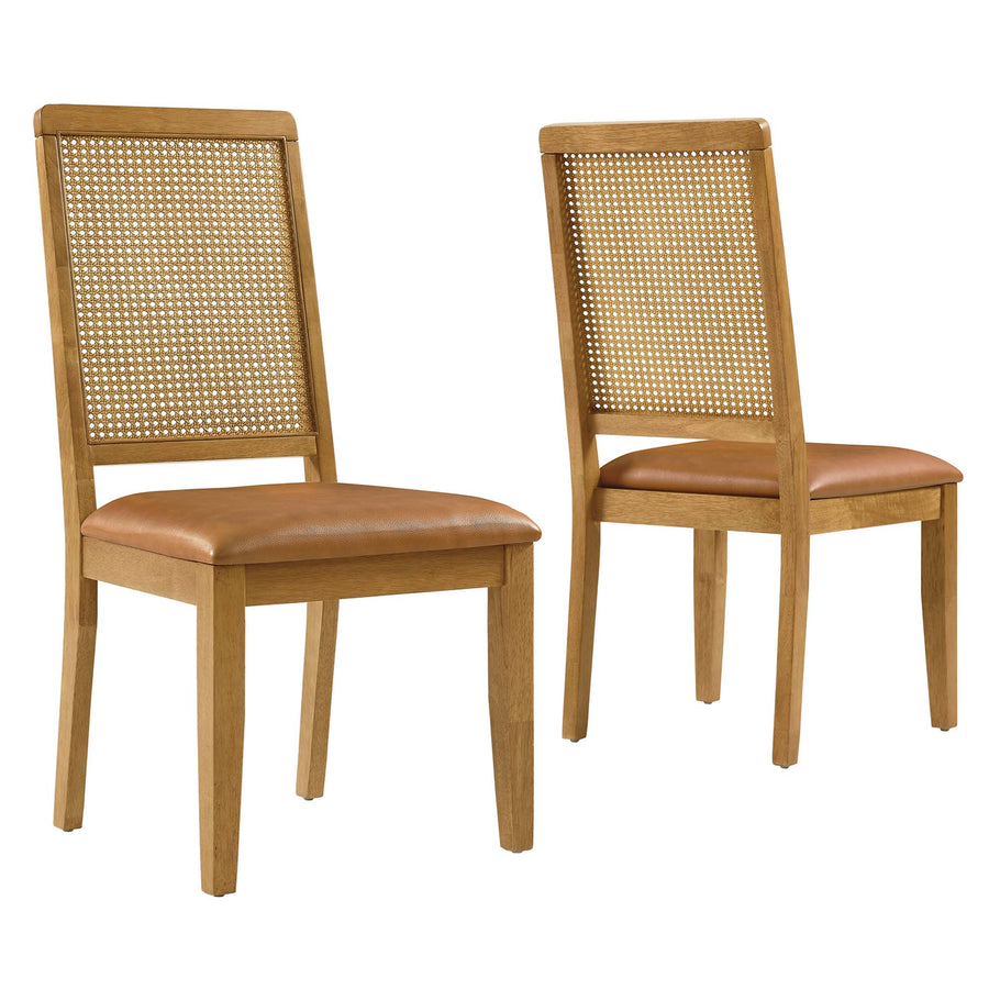 Poniente Vegan Leather Upholstered Faux Rattan and Wood Dining Side Chairs Set of 2 in Natural Natural Tan