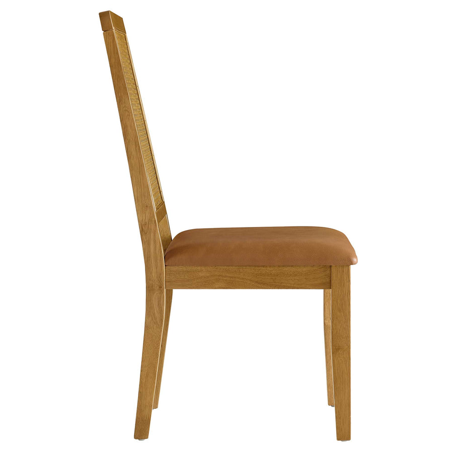 Poniente Vegan Leather Upholstered Faux Rattan and Wood Dining Side Chairs Set of 2 in Natural Natural Tan