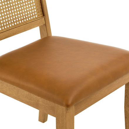 Arlo Vegan Leather Upholstered Faux Rattan and Wood Dining Side Chairs Set of 2 in Natural Natural Tan
